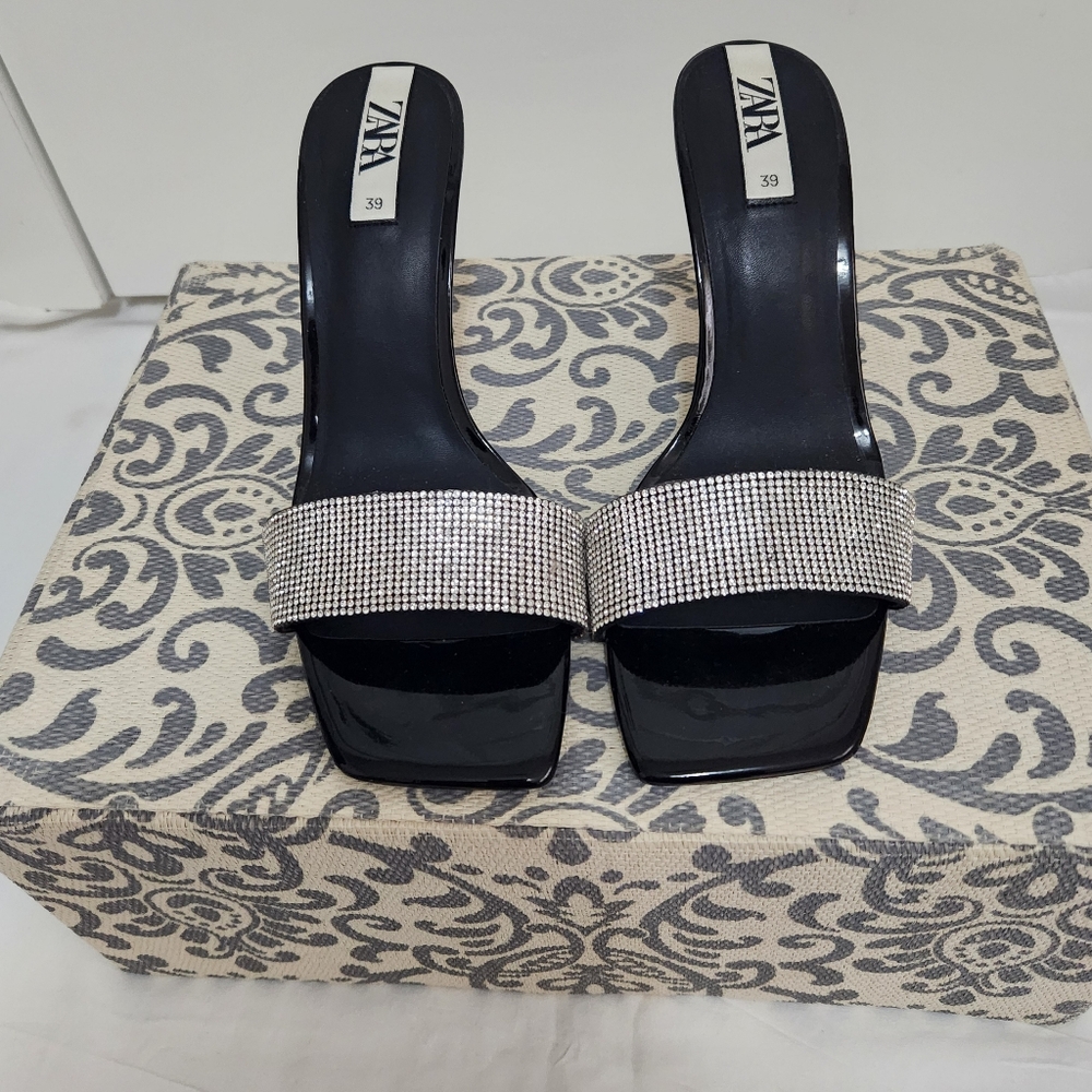 SOLD.....ZARA Rhinestone Open Toe Mules/ Slides Holiday Party Shoes - Picture 8 of 8